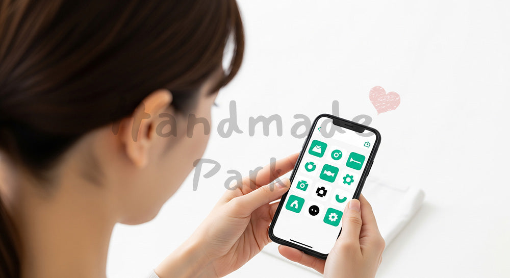 フリー素材 無料 写真｜フリマアプリに出品するため商品撮影をする日本人女性 余白あり