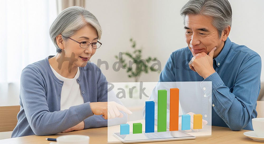 フリー素材 無料 写真｜老後資金計画を無地の資料で検討する日本人夫婦 コピースペースあり