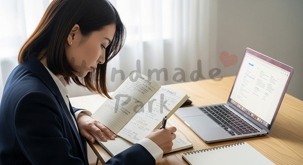 フリー素材 無料 写真｜スキル表を整理しキャリアアップを目指す日本人女性（表現2）
