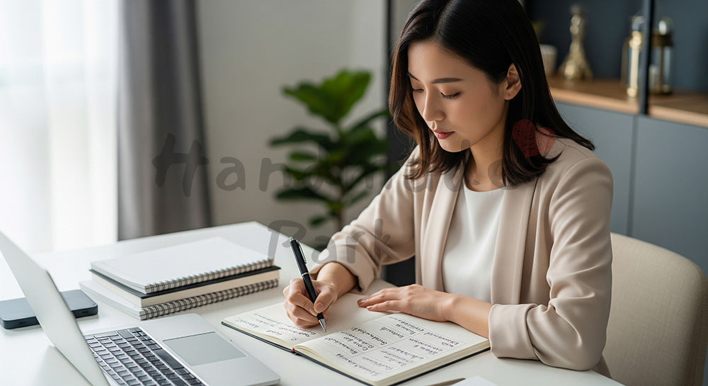フリー素材 無料 写真｜スキル表を整理しキャリアアップを目指す日本人女性（表現1）