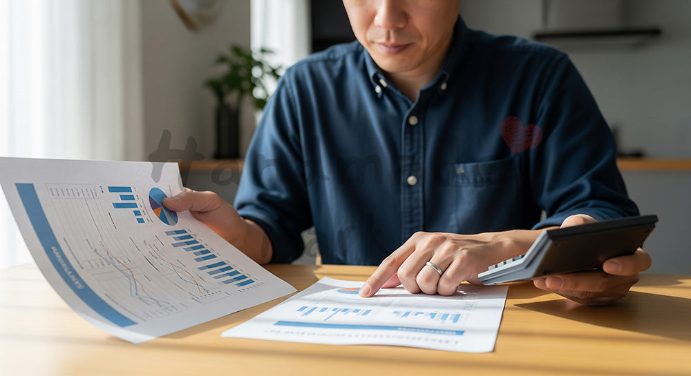 フリー素材 無料 写真｜住宅ローン返済計画を立てる日本人男性のライフプランニング（表現2）