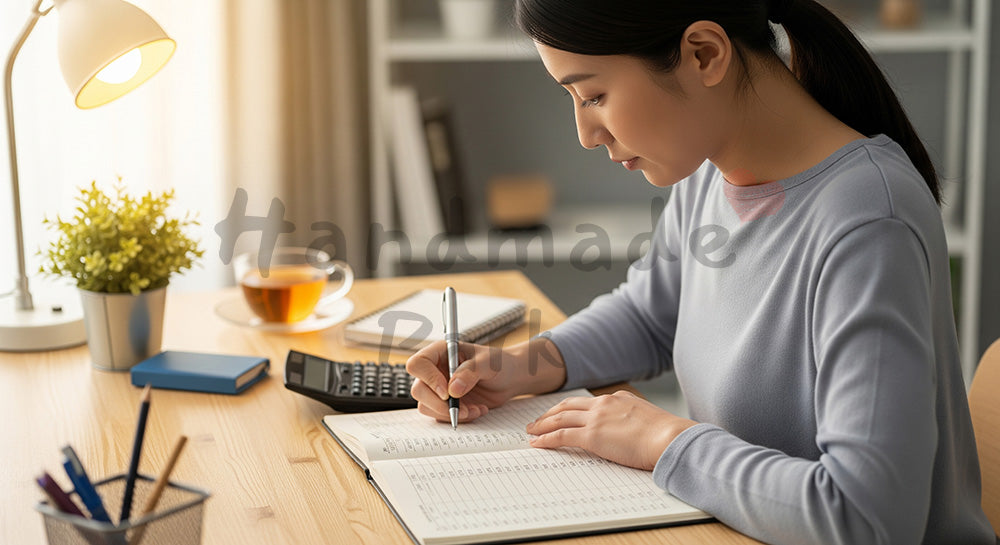 フリー素材 無料 写真｜副業収支をノートで整理する日本人女性（表現1）