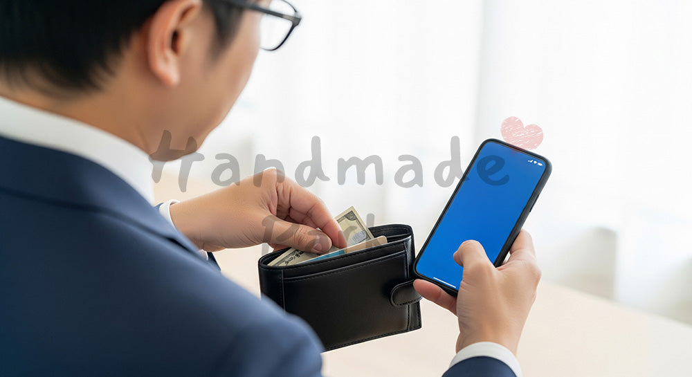 フリー素材 無料 写真｜キャッシュレス化のため財布の中身を整理する日本人男性（表現2）