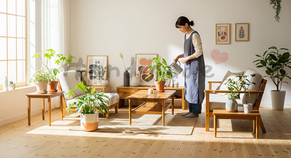 フリー素材 無料 写真|北欧風リビングで観葉植物に水やりをする日本人女性の暮らし(表現3)