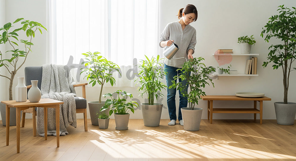 フリー素材 無料 写真|北欧風リビングで観葉植物に水やりをする日本人女性の暮らし(表現1)