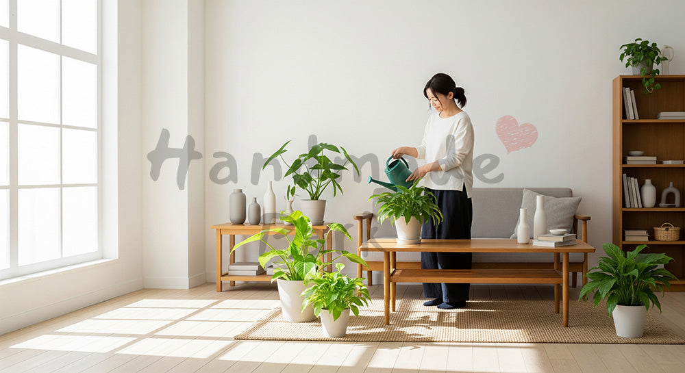 フリー素材 無料 写真|北欧風リビングで観葉植物に水やりをする日本人女性の暮らし コピースペースあり