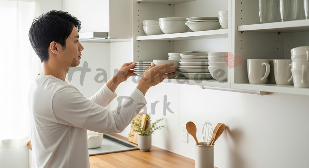 フリー素材 無料 写真｜キッチンの食器棚を整理する日本人男性のすっきり暮らし（表現2）