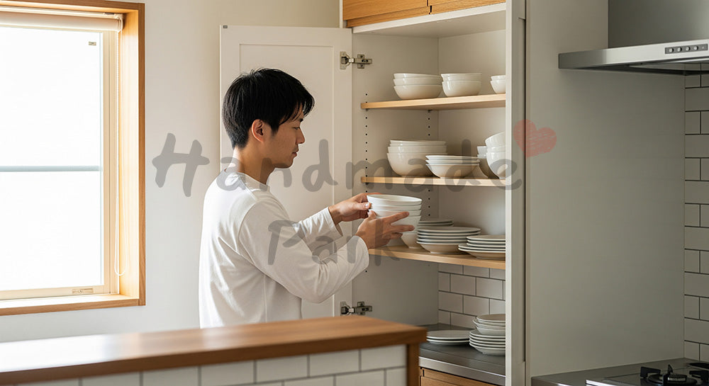 フリー素材 無料 写真｜キッチンの食器棚を整理する日本人男性のすっきり暮らし（表現1）