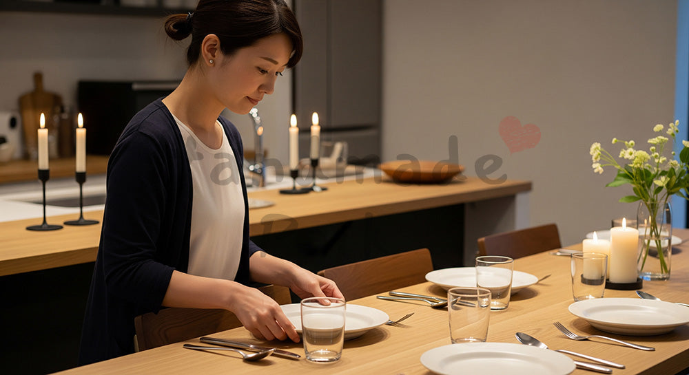 フリー素材 無料 写真｜食器とカトラリーでテーブルセッティングをする日本人女性（表現3）