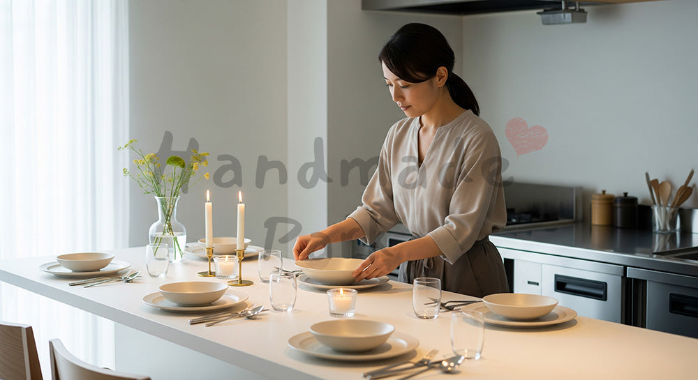 フリー素材 無料 写真｜食器とカトラリーでテーブルセッティングをする日本人女性（表現2）