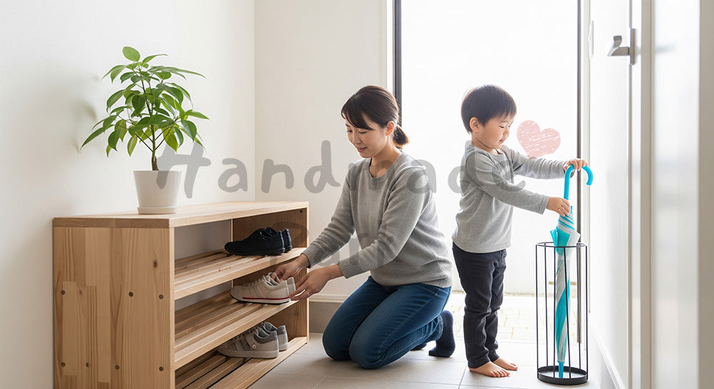 フリー素材 無料 写真｜玄関で靴と傘を片づける日本人母子の整え暮らし 余白あり