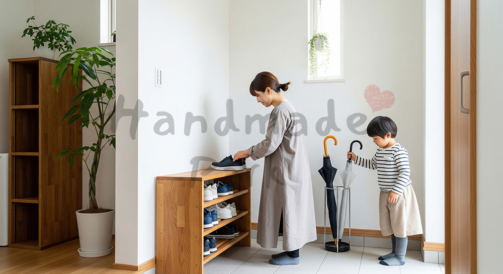 フリー素材 無料 写真｜玄関で靴と傘を片づける日本人母子の整え暮らし 背景素材