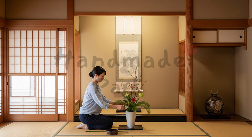 フリー素材 無料 写真｜床の間に季節の花を生ける日本人女性の和インテリアシーン（表現3）