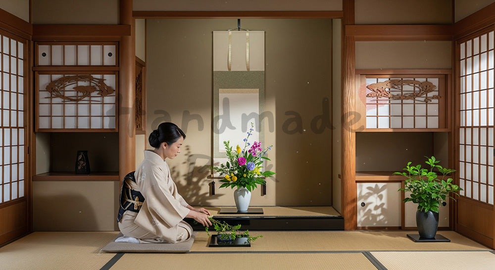 フリー素材 無料 写真｜床の間に季節の花を生ける日本人女性の和インテリアシーン（表現2）