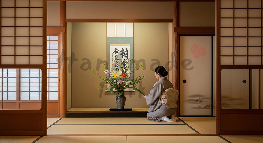 フリー素材 無料 写真｜床の間に季節の花を生ける日本人女性の和インテリアシーン（表現1）