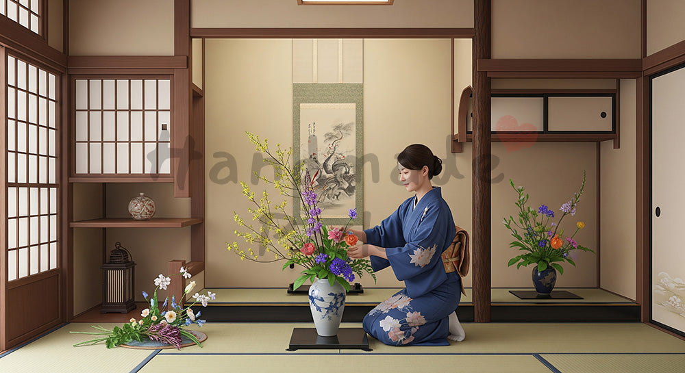 フリー素材 無料 写真｜床の間に季節の花を生ける日本人女性の和インテリアシーン コピースペースあり