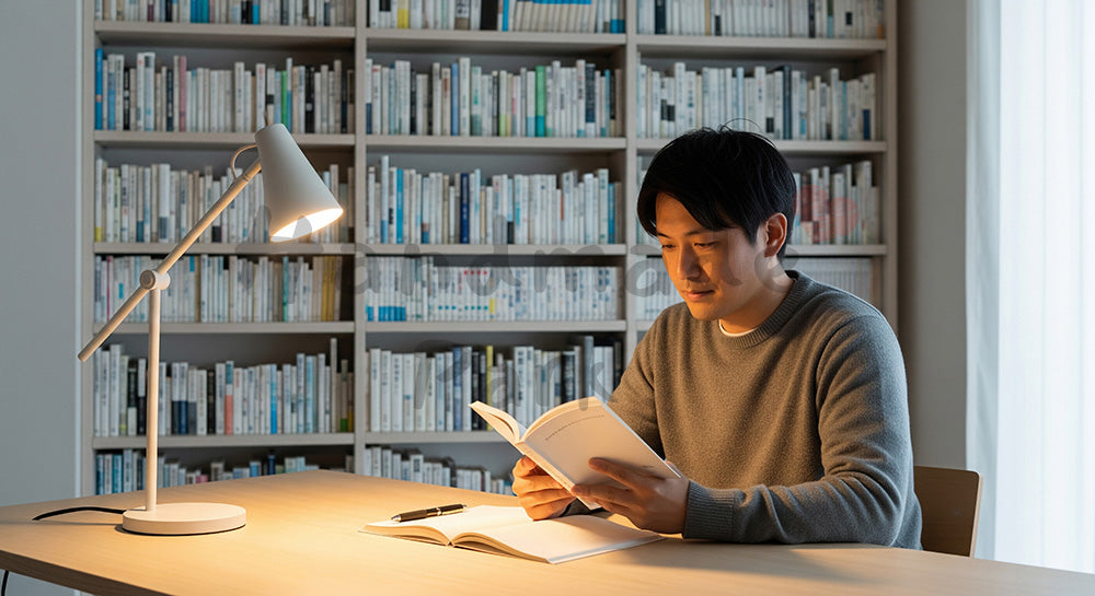 フリー素材 無料 写真｜書斎で読書を楽しむ日本人男性の静かな暮らし コピースペースあり