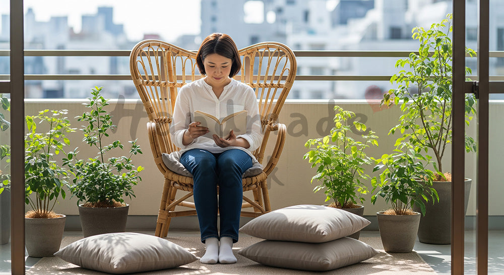 フリー素材 無料 写真｜バルコニーのラタンチェアで読書を楽しむ日本人女性の暮らし コピースペースあり