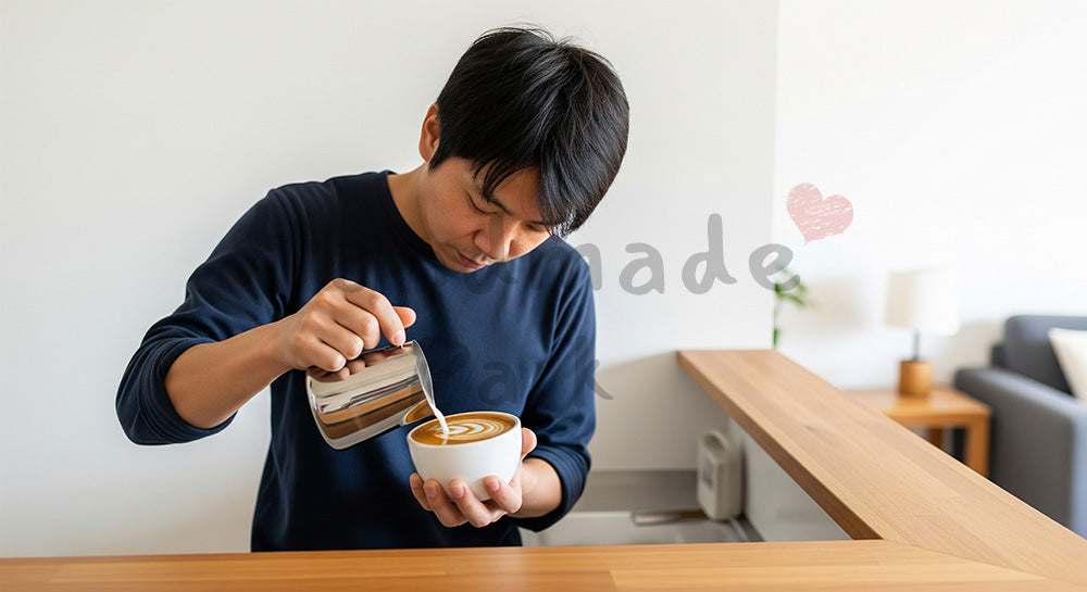 フリー素材 無料 写真｜ホームカフェでラテアートを楽しむ日本人男性のキッチンシーン（表現1）