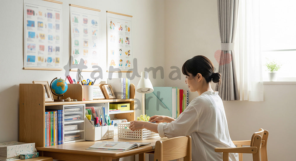 フリー素材 無料 写真｜子ども部屋で机周りを整理する日本人母親 コピースペースあり