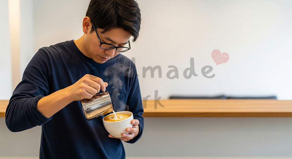 フリー素材 無料 写真｜ホームカフェでラテアートを楽しむ日本人男性のキッチンシーン 背景素材