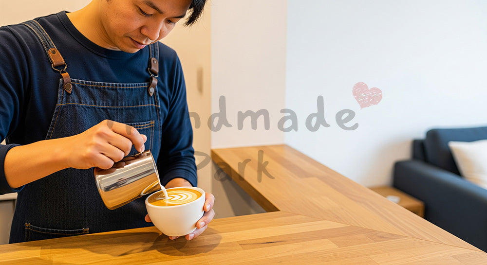 フリー素材 無料 写真｜ホームカフェでラテアートを楽しむ日本人男性のキッチンシーン