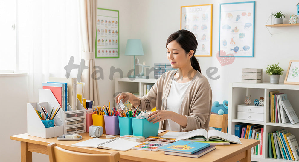 フリー素材 無料 写真｜子ども部屋で机周りを整理する日本人母親 余白あり