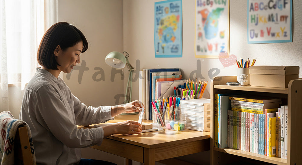 フリー素材 無料 写真｜子ども部屋で机周りを整理する日本人母親 写真背景