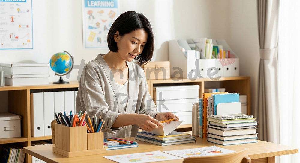 フリー素材 無料 写真｜子ども部屋で机周りを整理する日本人母親 背景素材