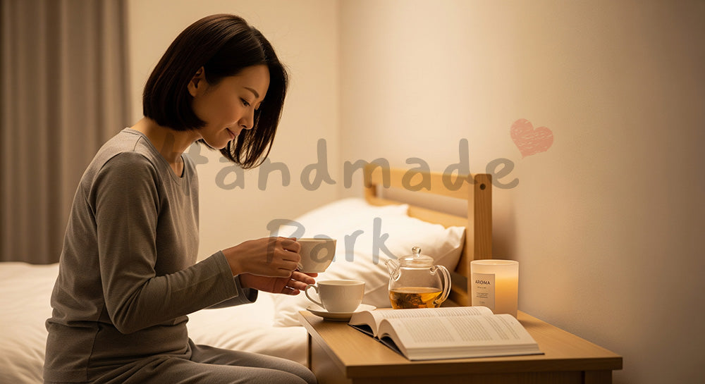 フリー素材 無料 写真｜寝る前にハーブティーを淹れてリラックスする日本人女性（表現2）