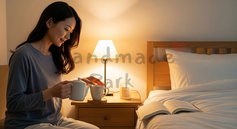 フリー素材 無料 写真｜寝る前にハーブティーを淹れてリラックスする日本人女性（表現1）