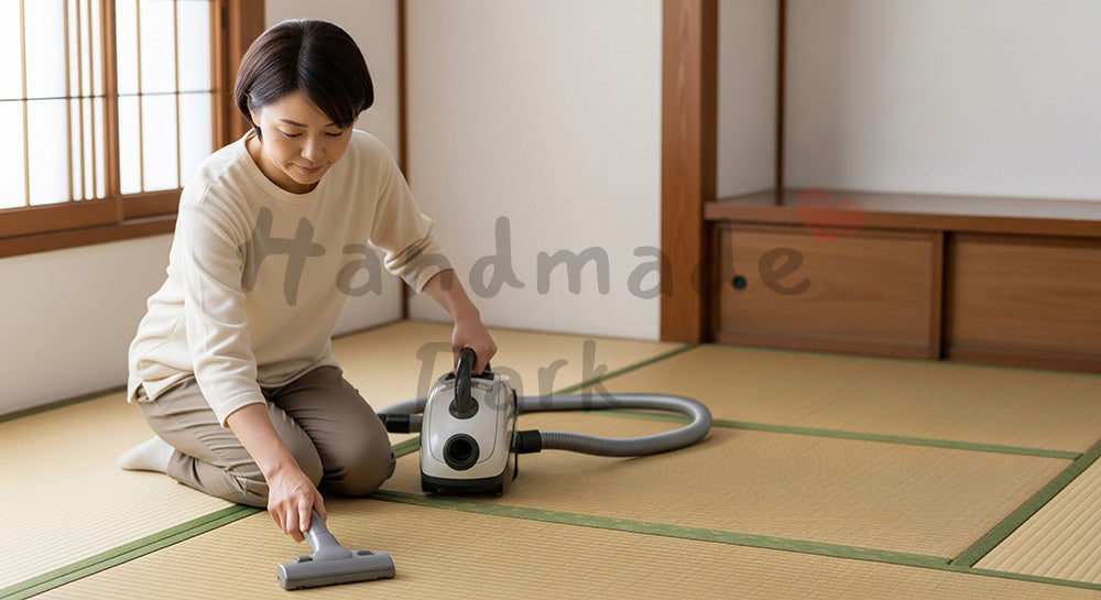 フリー素材 無料 写真｜和室の畳を小型掃除機で丁寧に掃除する日本人のシンプルライフ（表現2）