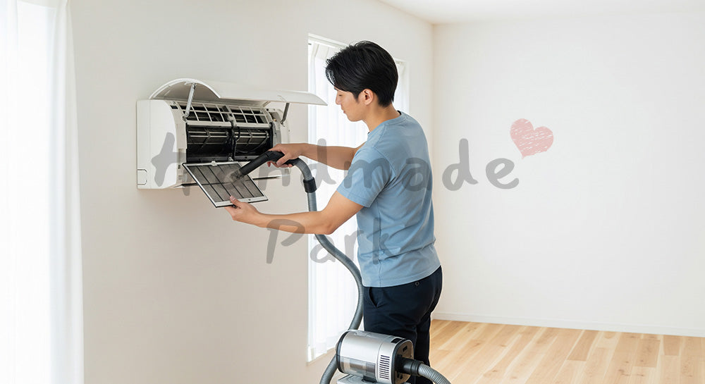 フリー素材 無料 写真｜エアコンフィルターを掃除する日本人男性の室内メンテナンス（表現3）