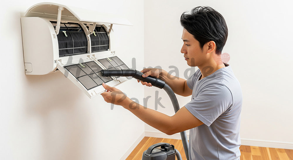 フリー素材 無料 写真｜エアコンフィルターを掃除する日本人男性の室内メンテナンス コピースペースあり