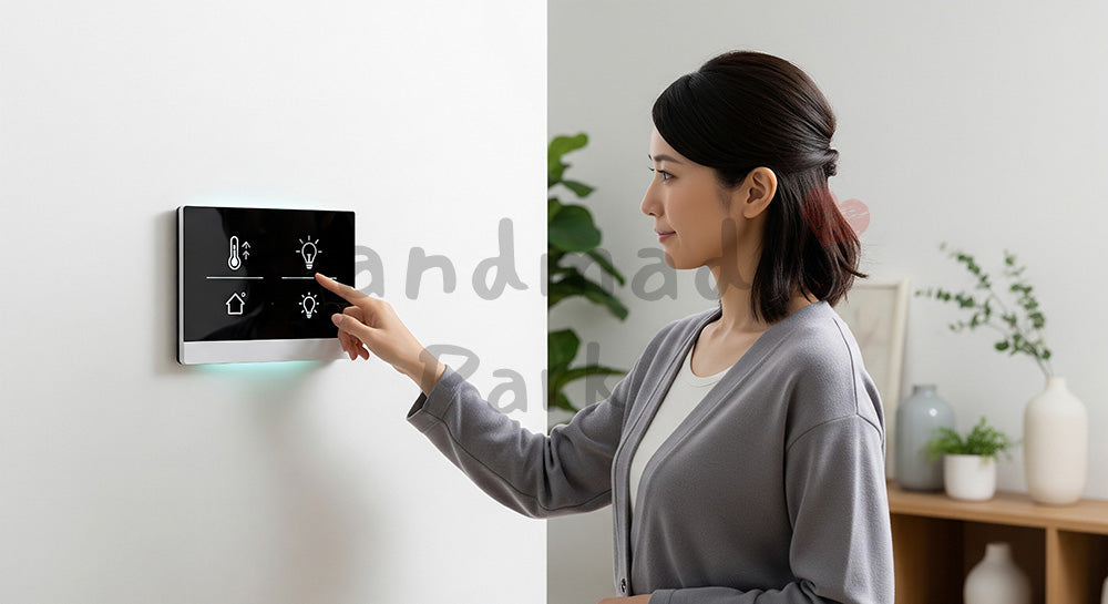 フリー素材 無料 写真｜スマートホームパネルで温度と照明を調整する日本人女性 コピースペースあり