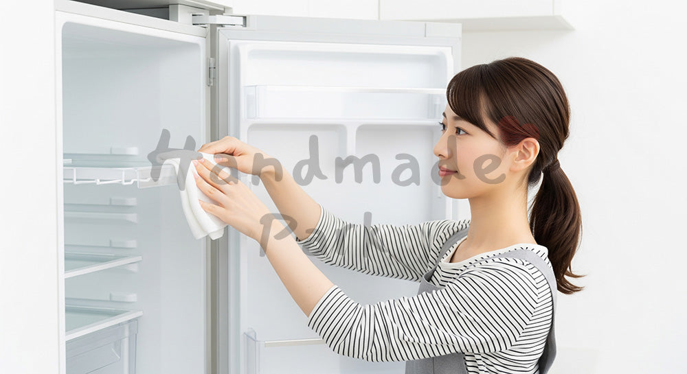 フリー素材 無料 写真｜キッチンで冷蔵庫の棚を拭き掃除する日本人女性の暮らし コピースペースあり