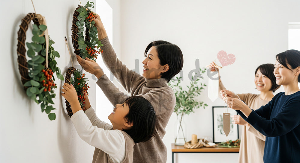 フリー素材 無料 写真｜玄関やリビングに季節の飾りを掛ける日本人家族のデコレーションタイム 背景素材