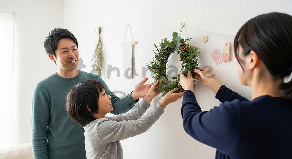 フリー素材 無料 写真｜玄関やリビングに季節の飾りを掛ける日本人家族のデコレーションタイム