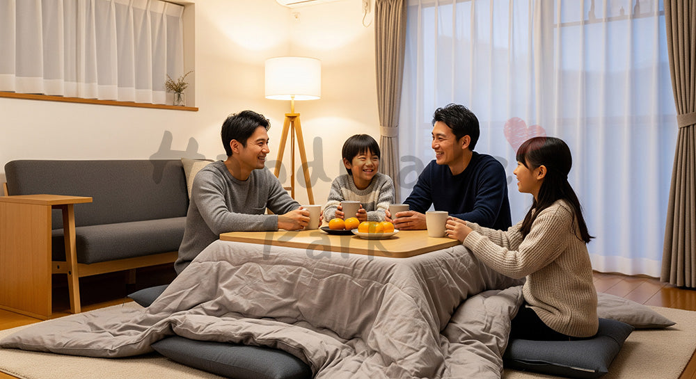 フリー素材 無料 写真｜こたつで団らんを楽しむ日本人家族の冬リビング（表現3）