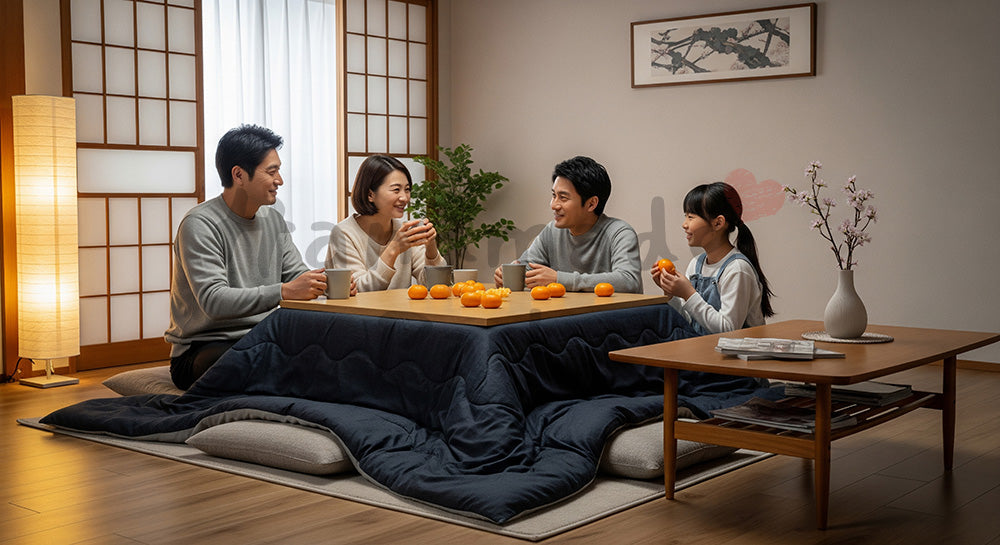 フリー素材 無料 写真｜こたつで団らんを楽しむ日本人家族の冬リビング（表現1）