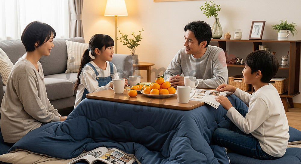 フリー素材 無料 写真｜こたつで団らんを楽しむ日本人家族の冬リビング コピースペースあり