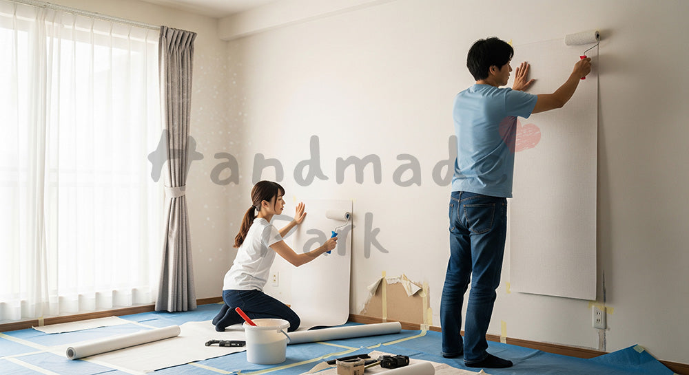 フリー素材 無料 写真｜リビングの壁紙をローラーで貼り替える日本人夫婦のDIYリフォーム（表現3）