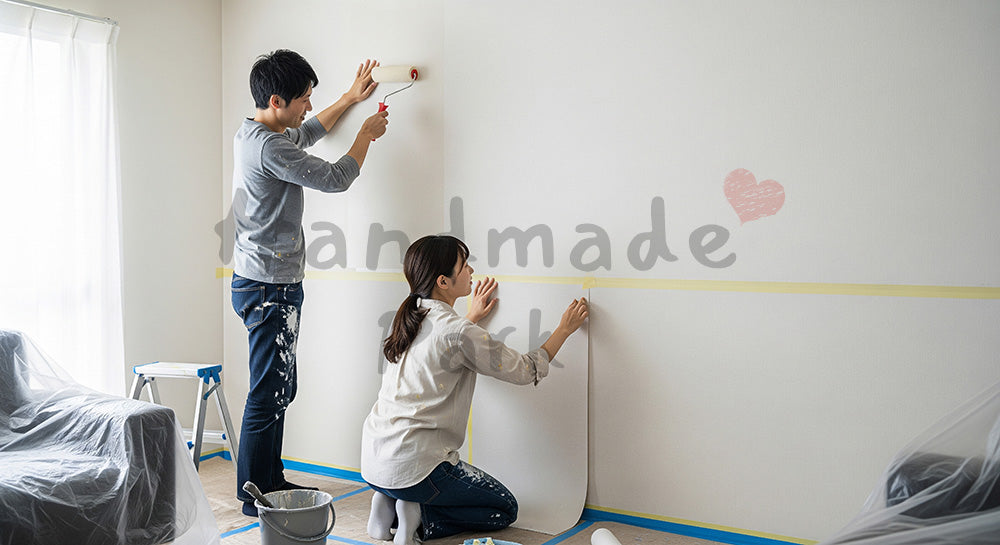 フリー素材 無料 写真｜リビングの壁紙をローラーで貼り替える日本人夫婦のDIYリフォーム（表現1）