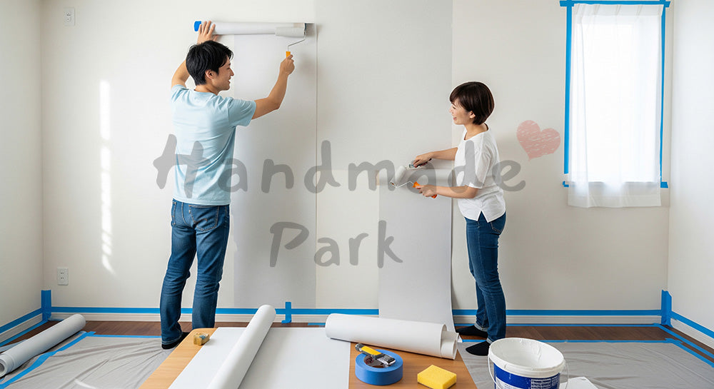 フリー素材 無料 写真｜リビングの壁紙をローラーで貼り替える日本人夫婦のDIYリフォーム 写真背景