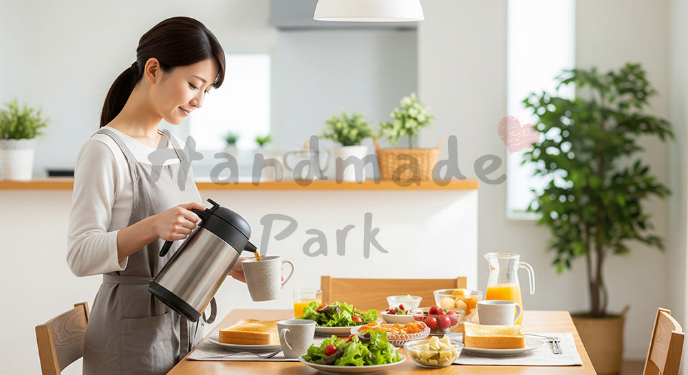 フリー素材 無料 写真｜朝のダイニングキッチンでコーヒーを注ぐ日本人主婦の穏やかな朝時間 コピースペースあり