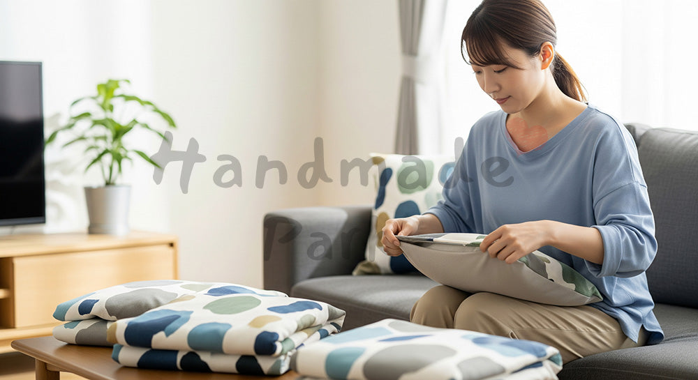 フリー素材 無料 写真｜リビングのクッションカバーを付け替える日本人主婦の模様替えシーン（表現3）