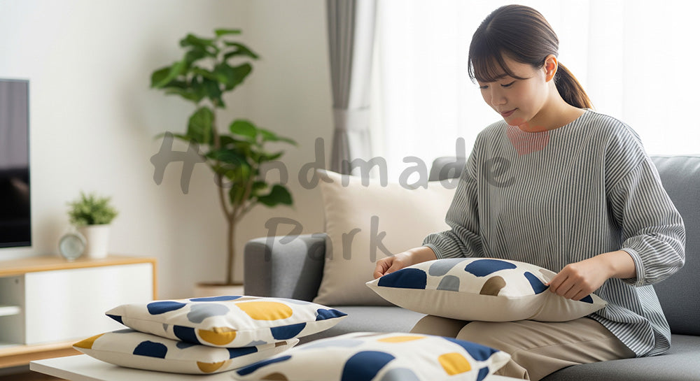 フリー素材 無料 写真｜リビングのクッションカバーを付け替える日本人主婦の模様替えシーン（表現2）