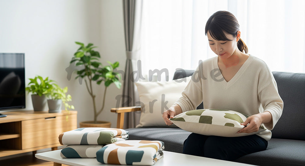 フリー素材 無料 写真｜リビングのクッションカバーを付け替える日本人主婦の模様替えシーン コピースペースあり