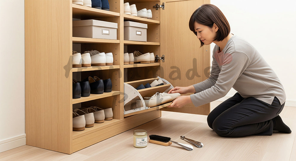 フリー素材 無料 写真｜玄関収納のシューズボックスを整理する日本人主婦の片づけシーン（表現2）