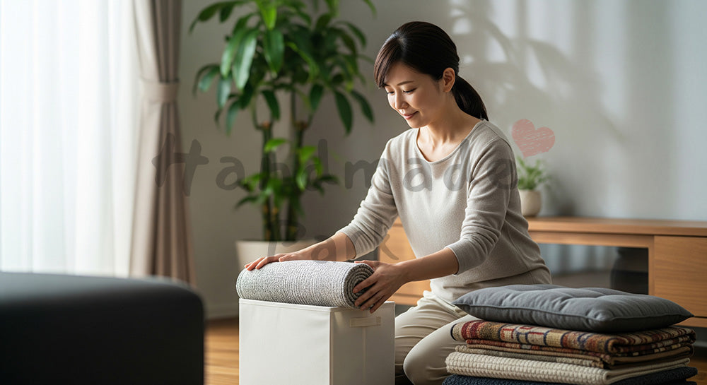 フリー素材 無料 写真｜ラグやブランケットを収納ボックスに片づける日本人主婦の季節の衣替え（表現3）